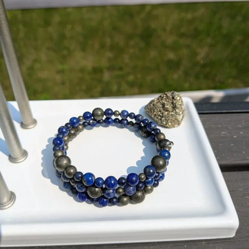 Natural Lapis Lazuli and Pyrite Memory Wire Layer Bracelet - Picture 4 of 14